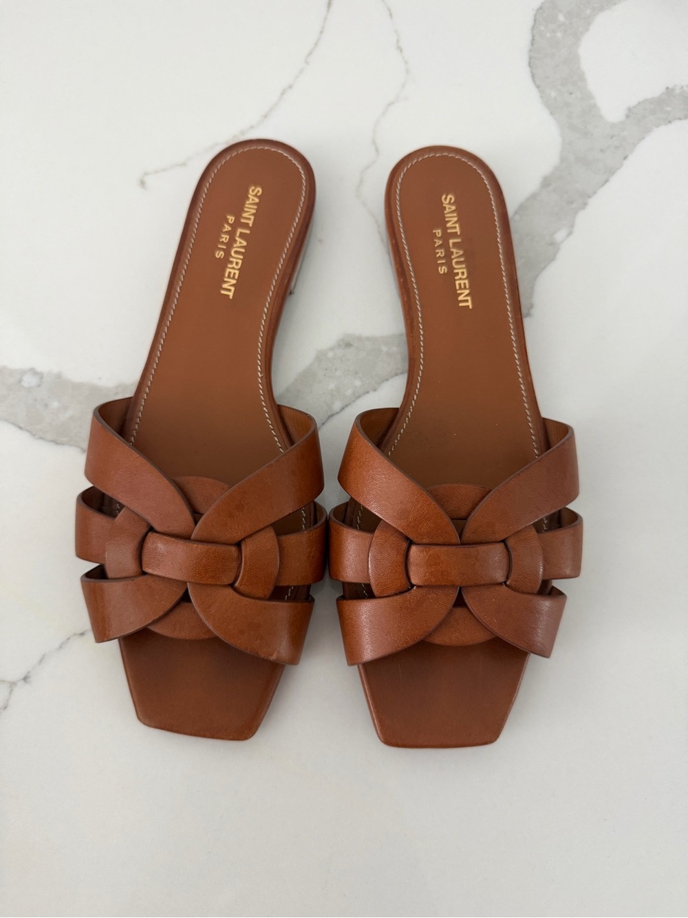 Saint Laurent Tan Leather Braided Slide Sandals - Picture 2 of 4